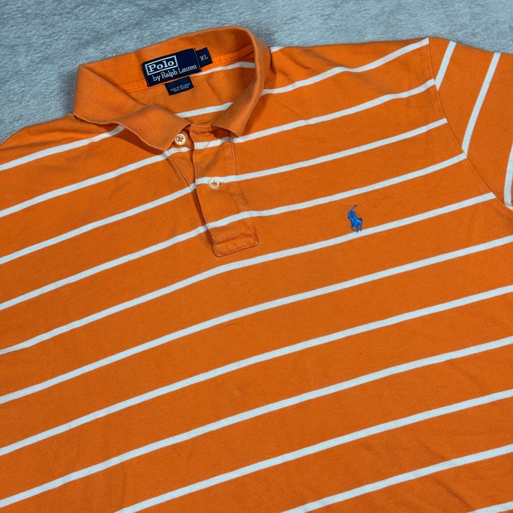 Polo Ralph Lauren Orange White Stripe Polo Shirt Mens XL Short Sleeve